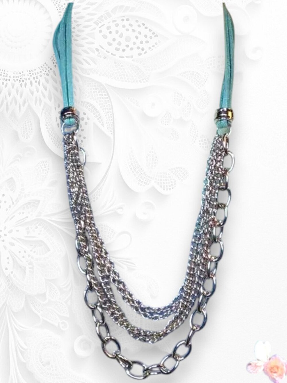 Leather Turquoise and Silver Tone Multi Chain Necklace 495